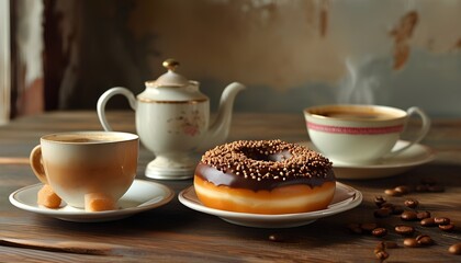Fototapeta premium Savoring coffee and chocolate donut delights in a cozy rustic close-up food photography capturing culinary experience for food lovers