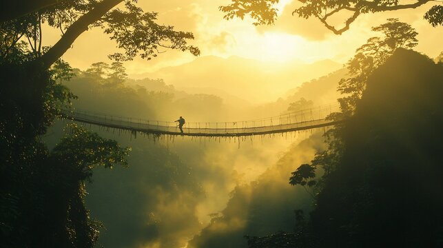 Fototapeta Silhouette of a hiker on a rope bridge in a misty jungle at sunset.