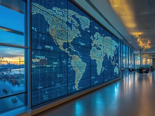 Global interactive digital map display in modern airport terminal high-tech environment futuristic conceptual design