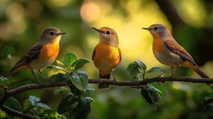 Fototapeta premium Trio of Small Colorful Birds Perched on a Branch Amidst Lush Green Foliage in Soft Natural Light, Capturing the Essence of Nature's Beauty and Serenity
