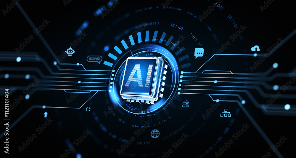 Poster ai chip with futuristic circuit and glowing icons on dark background representing artificial intelli