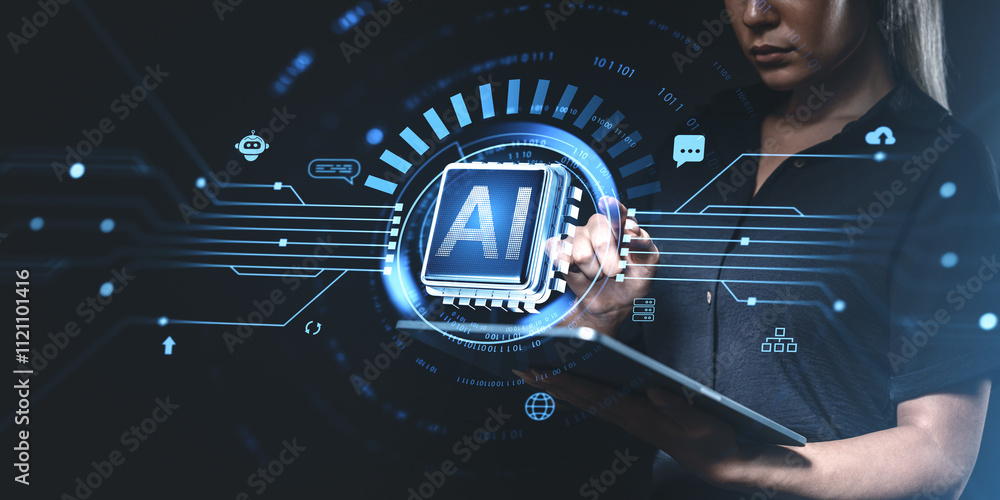 Poster ai technology interface with futuristic holographic display conc