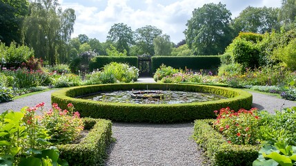 Fototapeta premium A tranquil garden with neatly trimmed hedges, a small pond, and blooming flowers 