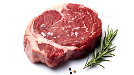 Obraz premium Raw ribeye steak seasoned with salt and pepper, garnished with rosemary sprig.