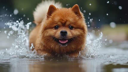 Obraz premium Fluffy Pomeranian Dog Running Joyfully Through Water Splashes