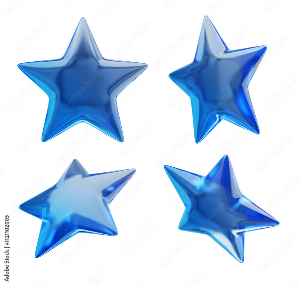 Aufkleber four blue glossy 3d stars with a reflective surface on a white background. 3d rendering