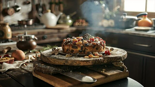 Delicious fruit cake with nuts and berries on rustic wooden table in cozy kitchen, where warm light and smoke create delightful baking atmosphere for this inviting dessert.