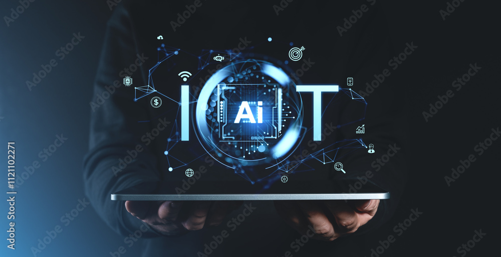 Poster holographic iot and ai display concept over tablet on dark background.