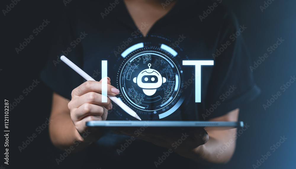 Poster modern iot concept with holographic robot interface on tablet, depicting futuristic technology and c
