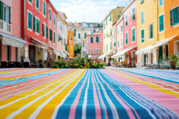 Fototapeta premium Vibrant street scene of colorful buildings with a focus on a striped textile laid across a table under a bright sky.