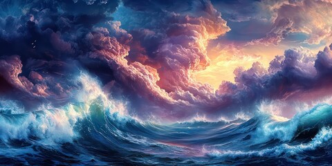 A dramatic sky with swirling clouds and high waves, illustrating the chaotic beauty of a perfect storm.