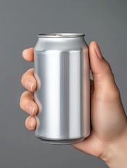 Hand holding a silver can indoor setting beverage showcase minimalist environment close-up view refreshment concept