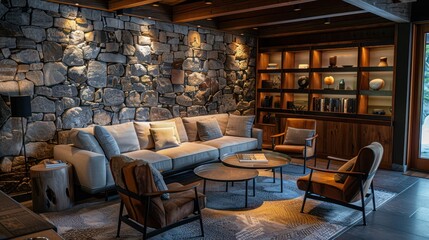 living room with natural stone walls