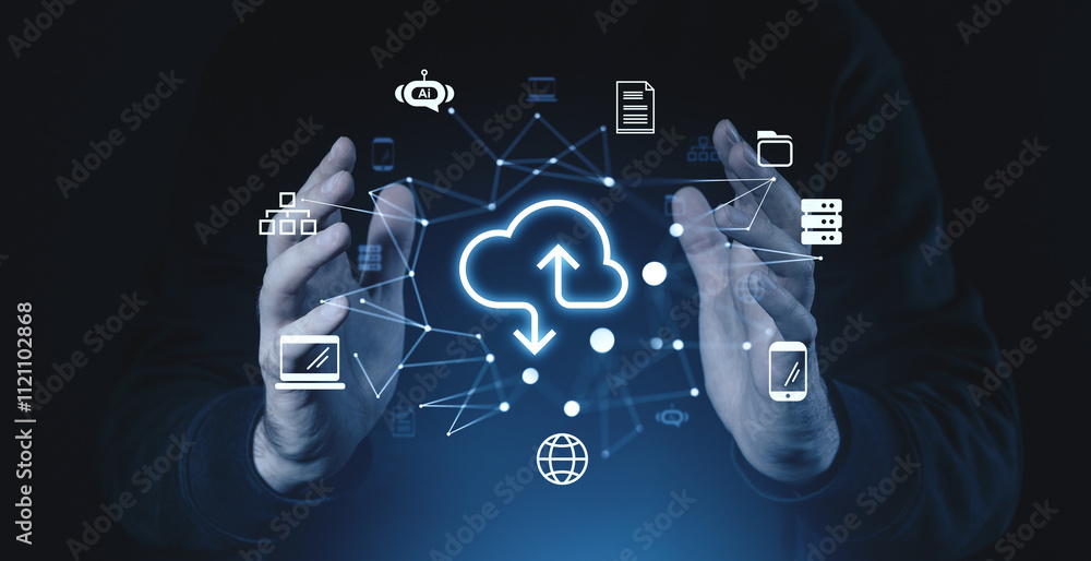 Poster hands surrounding cloud network icons representing online storage and data transfer on a dark backgr