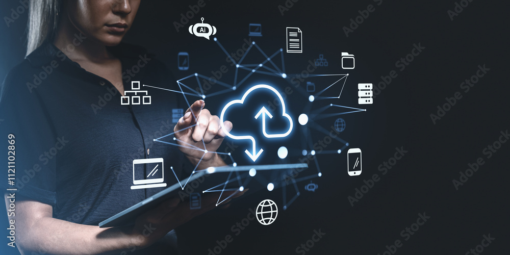 Poster woman using tablet interacting with cloud computing icons on dig