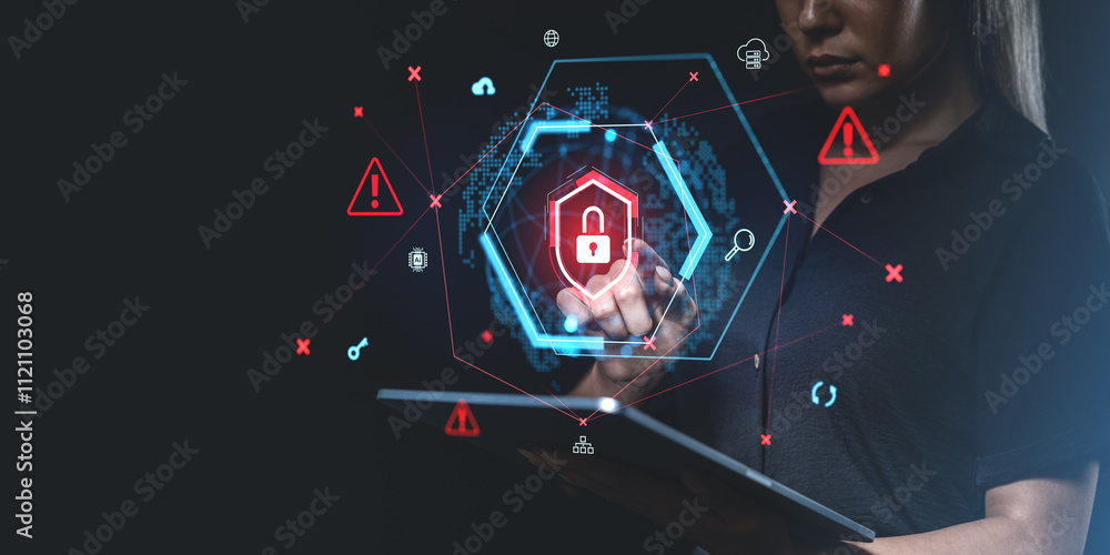 Poster digital cybersecurity concept with padlock icon and holographic