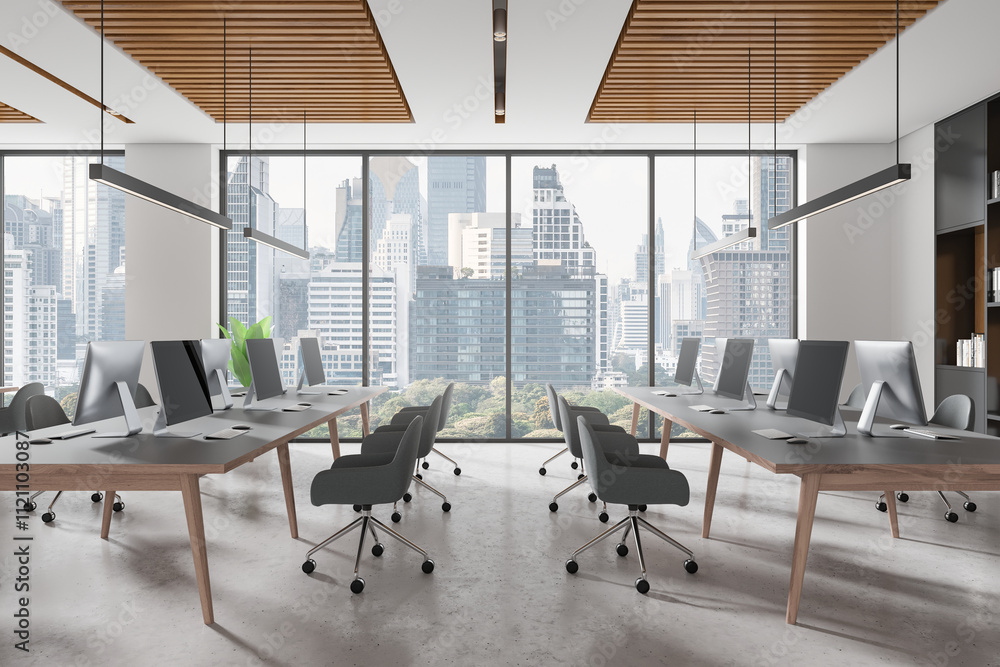 Poster modern office interior with open space, large windows, and computer desks overlooking a cityscape wi
