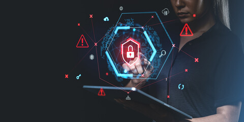 Digital cybersecurity concept with padlock icon and holographic