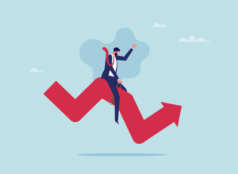 Economic crisis or investing risk, volatility and Stock market fluctuation concept, businessman investor rodeo riding uncertainty decline red arrow graph