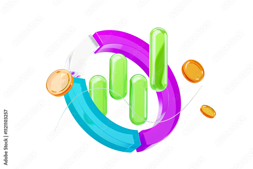 Poster 3d colorful abstract bar chart and pie chart with floating elements. 3d rendering