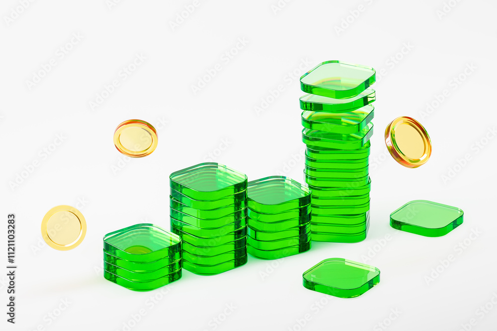 Poster stacked translucent green tokens and floating gold coins on a white background. 3d rendering