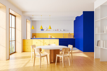 Modern kitchen interior with yellow and blue cabinets, wooden furniture, and bright decor on sunny wooden flooring background. 3D Rendering