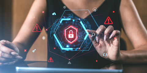 Digital security concept with a holographic padlock icon and warning signs.