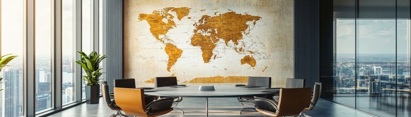 Business meeting with world map background in modern office professional environment aerial view of global collaboration