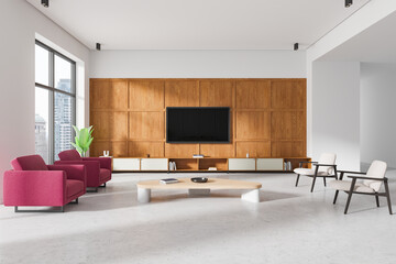 Modern living room interior with wooden panel wall and stylish furniture. 3D Rendering