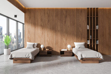 Modern twin bedroom with wooden wall paneling, minimal decor, and large city-view windows. 3D Rendering