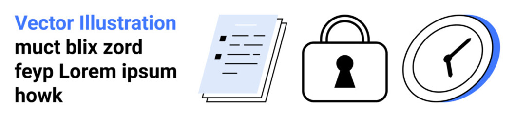 Document with text lines, padlock representing security, clock indicating time management. Ideal for business, security, productivity, organization, time management, digital documentation workflow
