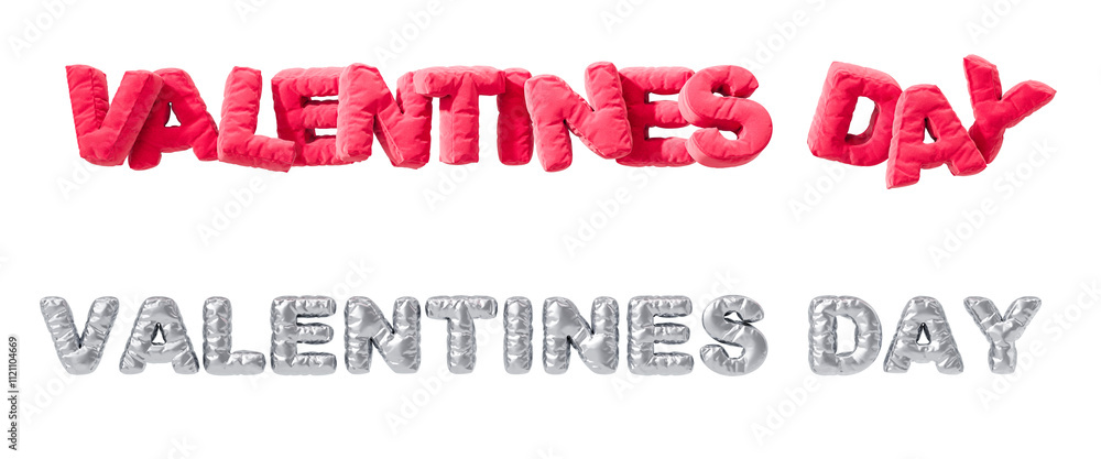 Aufkleber valentine's day text in plush red and metallic silver balloon styles on white background. 3d renderi