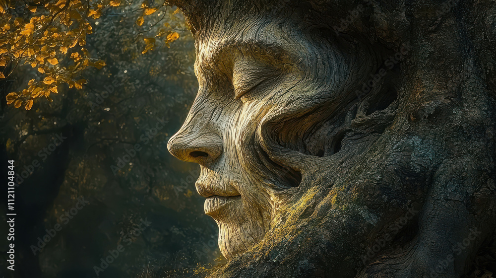Poster grand tree with half of its trunk carved into a serene face in nature