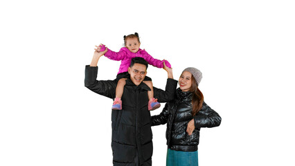 Happy Family in Winter Jackets with Child on Shoulders