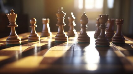 A close-up view of a wooden chessboard with pieces arranged, illuminated by soft lighting.