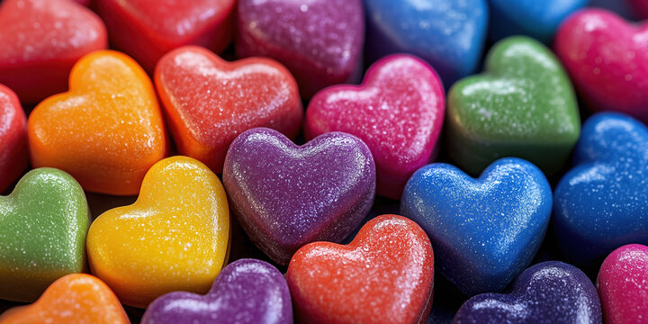 High-Resolution Close-Up of Playful Heart-Shaped Clay Pieces in Rainbow Hues, Detailed 3D Style, Soft Pastel Background
