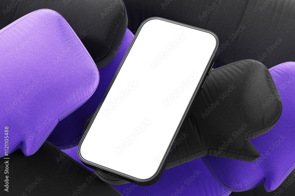 Poster smartphone with blank white screen on purple and dark cushion background as mockup for display conte