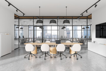 Modern conference room with panoramic glass walls, white chairs, wooden table, and cityscape view through windows. Stylish and functional design. 3D Rendering