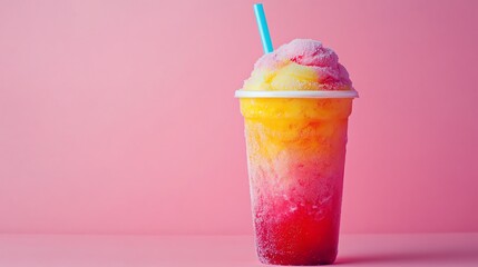 Refreshing pink and orange frozen dessert in a cup with a straw against a pink background.