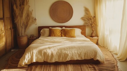 Cozy bedroom with wooden bed.
