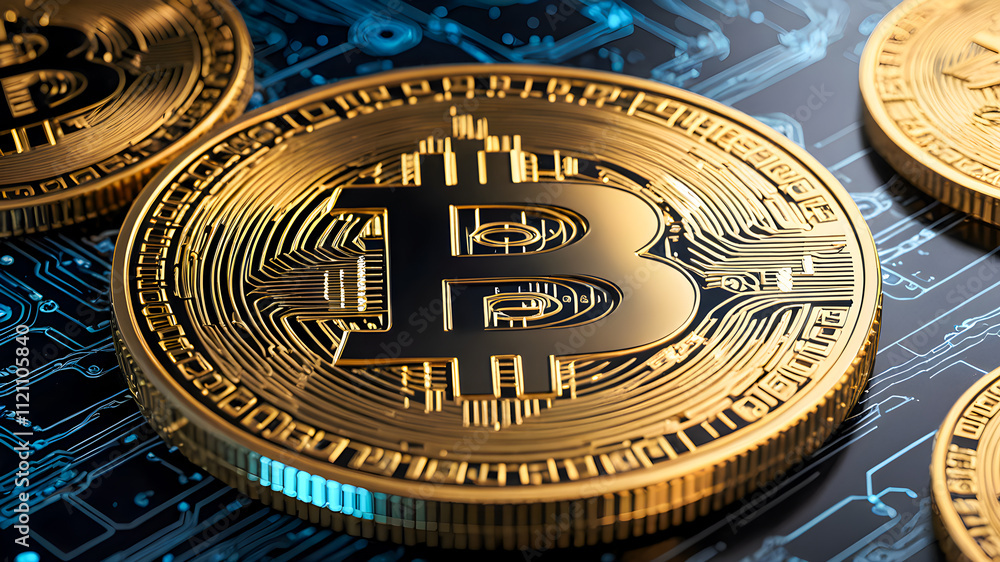 Poster golden bitcoin on circuit board background. cryptocurrency concept. 3d rendering