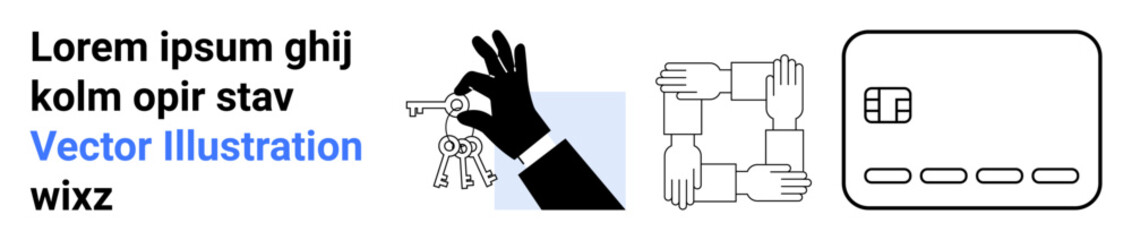 Black hand holding keys, square of interconnected hands, and a credit card. Ideal for concepts of security, teamwork, trust, cooperation, collaboration finance and digital access. Landing page