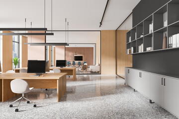 Modern office interior with wooden elements, large desks, chairs, and open shelves. Sophisticated design with natural lighting. 3D Rendering
