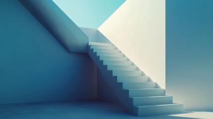 Modern Minimalist Architecture Blue Walls, White Staircase, Sunlight