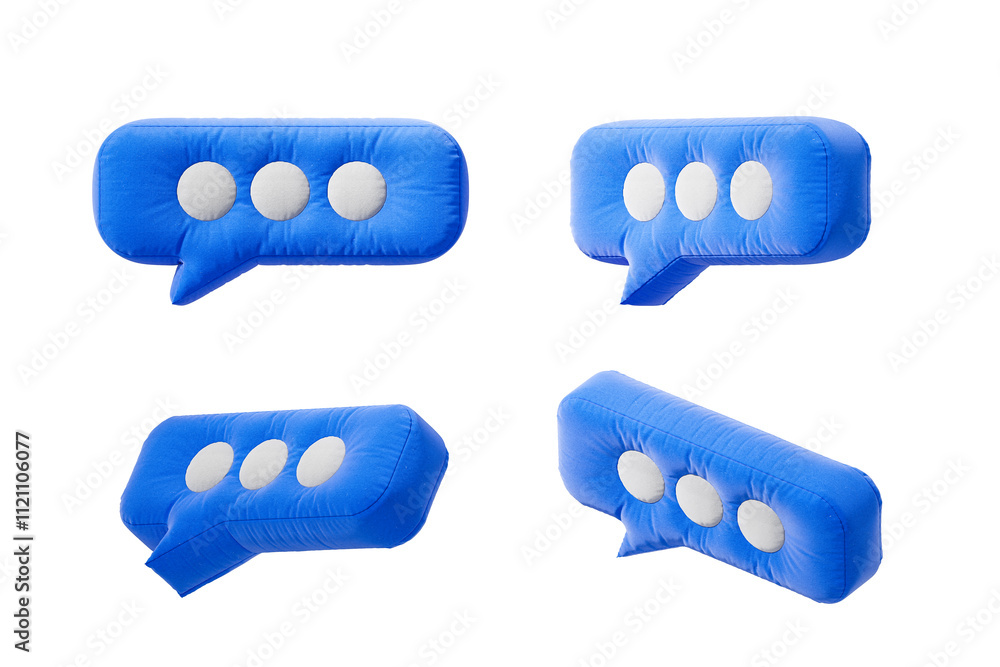 Poster blue plush speech bubbles with three white dots displayed in four different angles on white backgrou