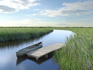 Calm river scene with a canoe and dock. AI.