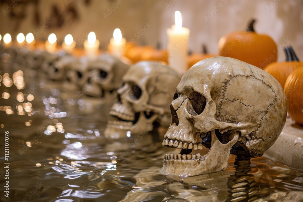 Poster skeletons floating in water with candles. ai.