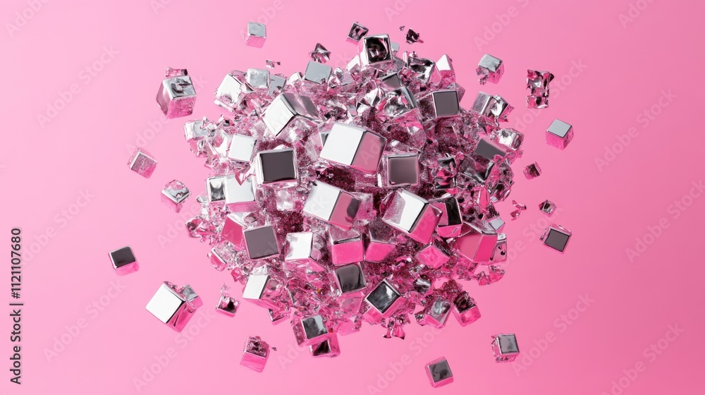 Poster exploding cluster of metallic silver cubes against a pink background.