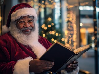Smiling Black Santa Claus Reads Christmas Book Festive Lights