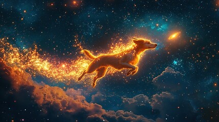 Obraz premium Fiery dog leaping through cosmos.